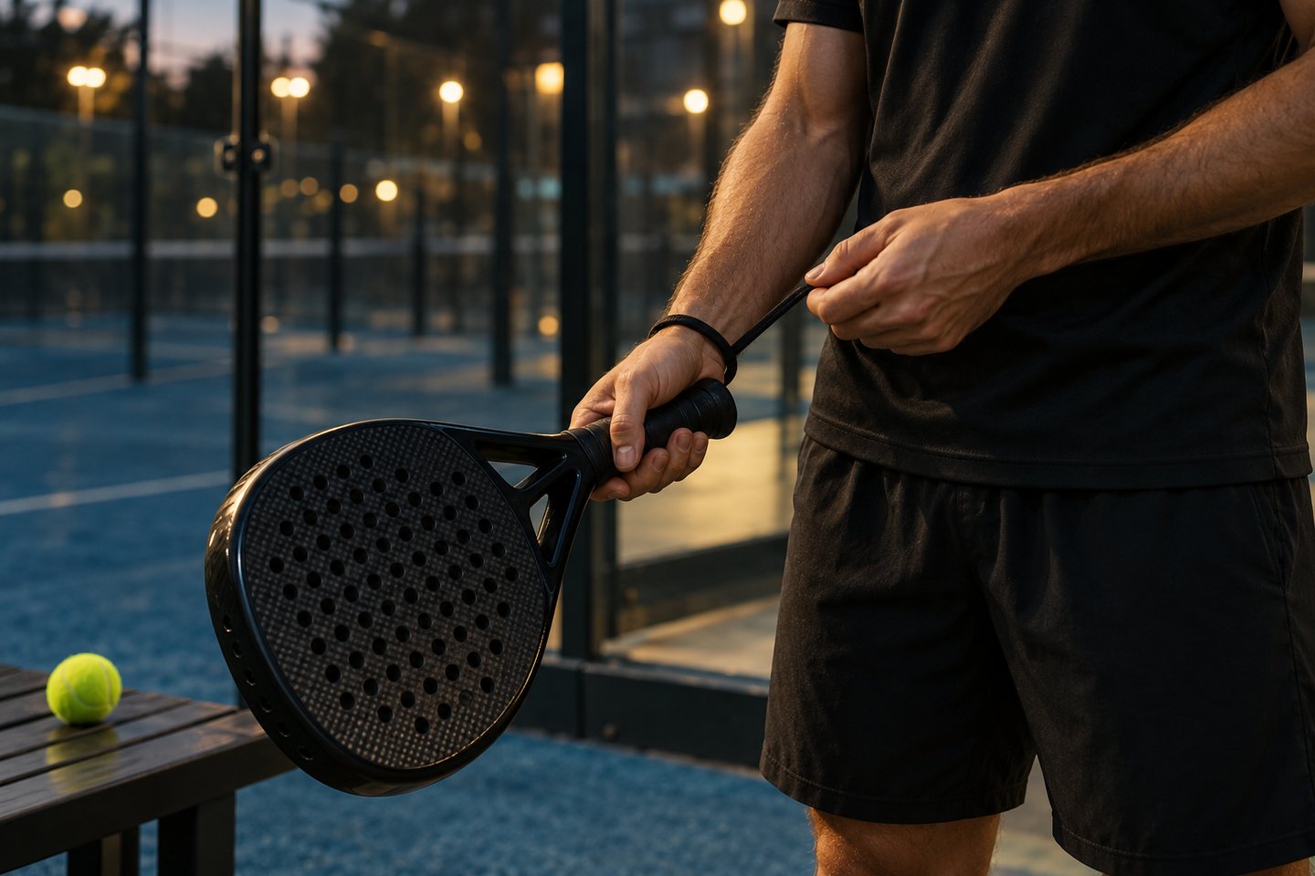 Un joueur prépare sa raquette de padel et ajuste sa dragonne au bord du terrain.