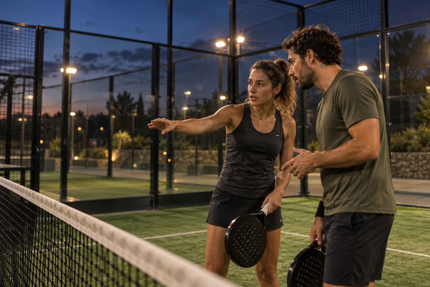 Deux partenaires de padel échangent près du filet, raquettes en main.